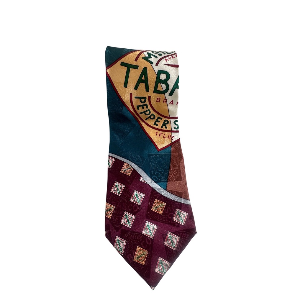 Tabasco Mens Silk Necktie Burgundy Teal Hot Sauce Logo Print Novelty Tie